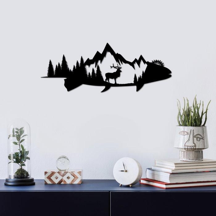 Wallity Mountain And Deer Escultura de Pared de Metal Negra